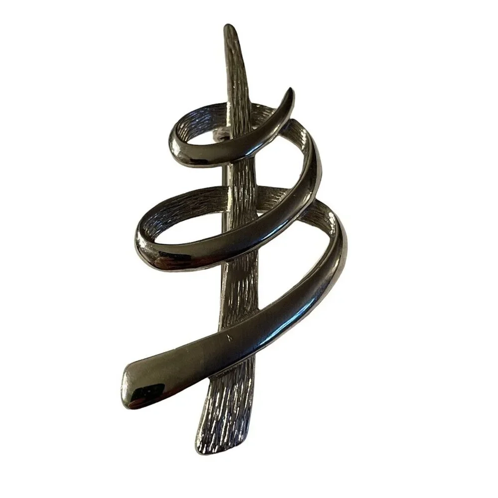 Vintage JJ 1986 Brooch Pin Silver Tone Modernist Swirl‎ Tornado Design Abstract